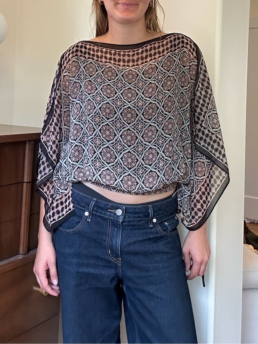 Max Studio Geometric Print Crop Top in Black and Tan